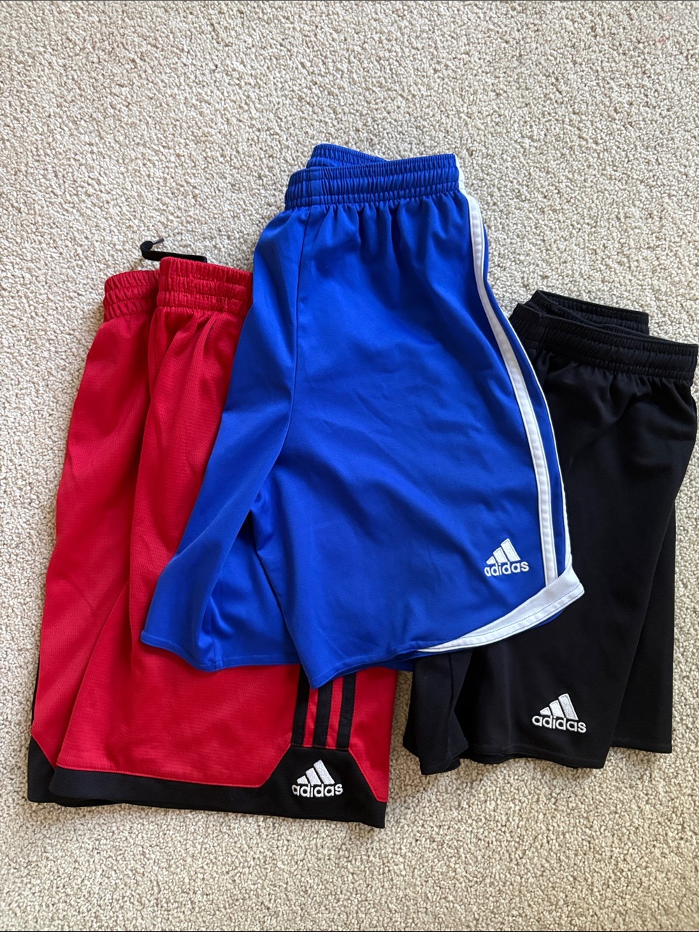 adidas Kids Athletic Shorts Trio — Blue, Red & Black